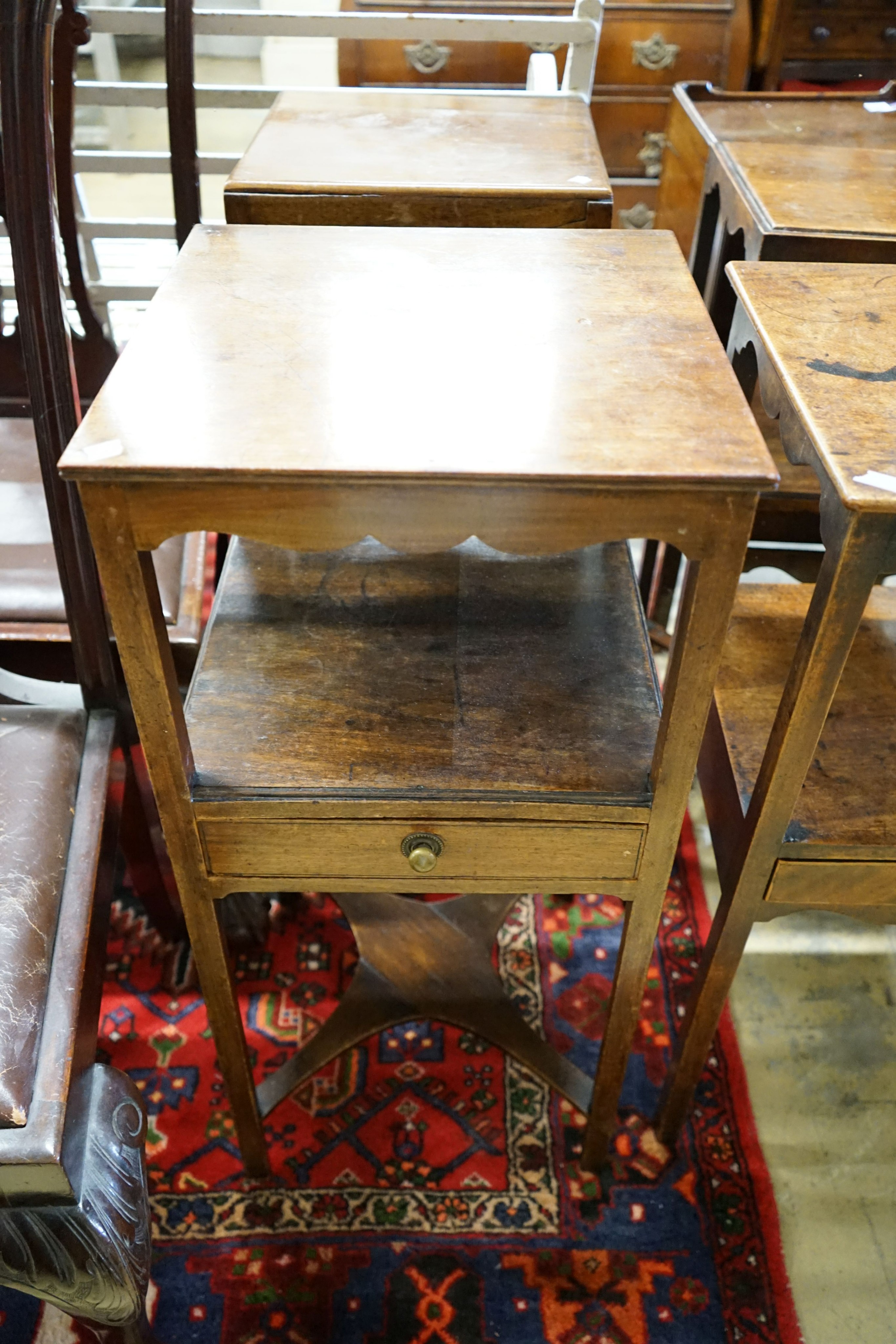 Four George III and later mahogany two tier washstands, largest width 37cm, depth 36cm, height 82cm